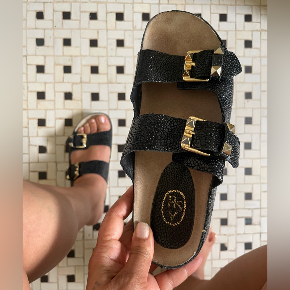 Ash Black Leather Sandals with Studded Buckles